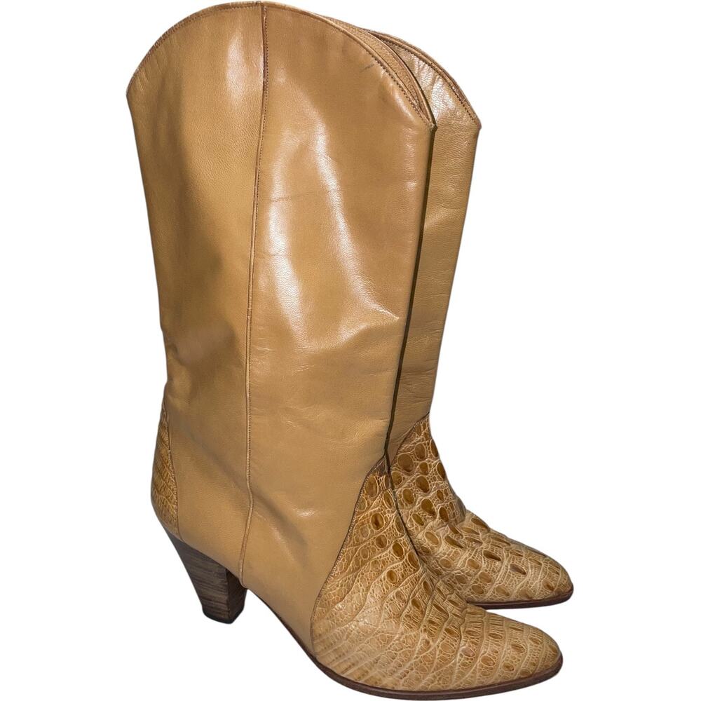 Vintage Saffron Brown Plain Leather and Snakeskin Heeled Boots    Size: 8.5